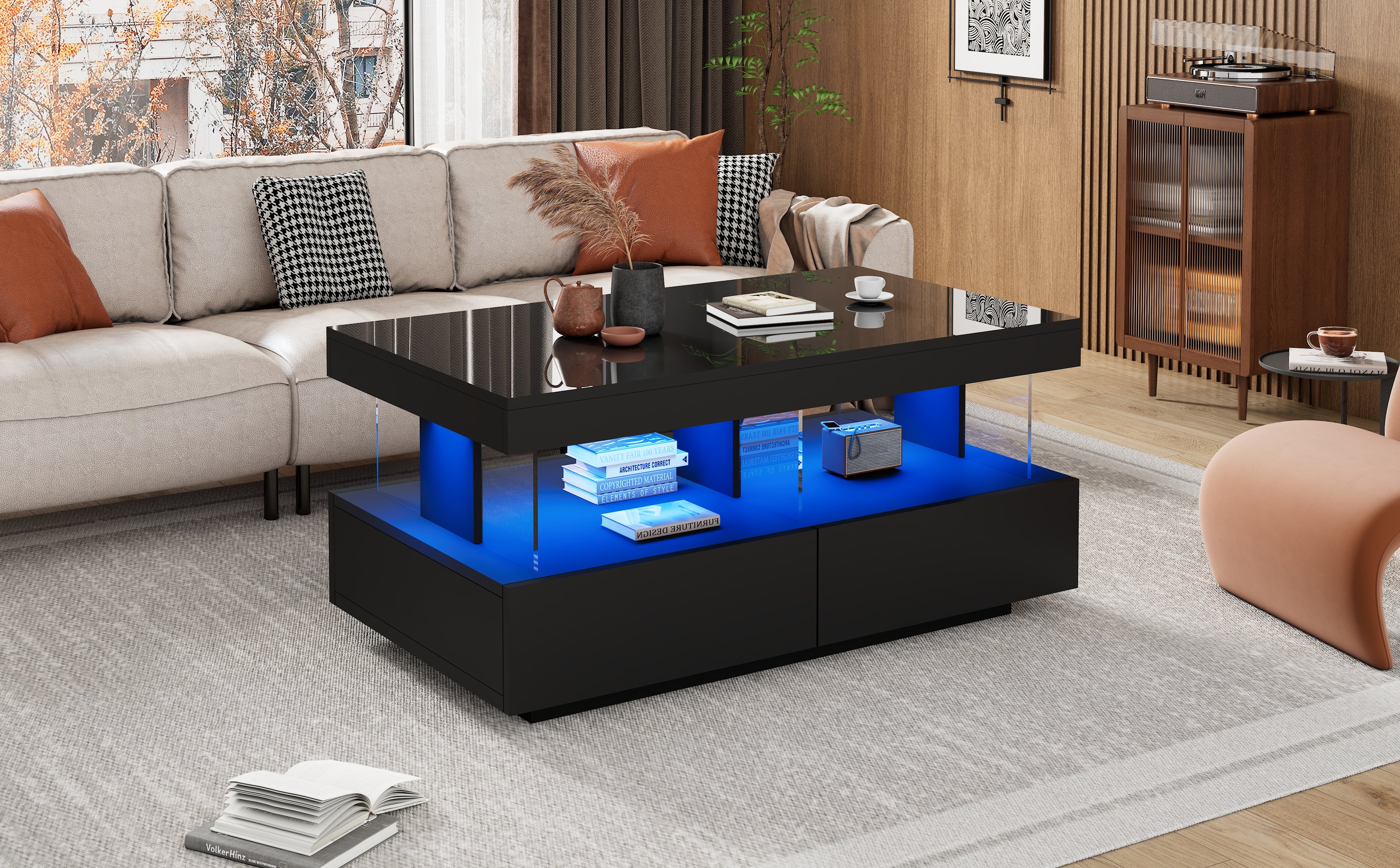 Coffee Table For Living Room, High Gloss Tea Table With LED Lights, Centre Table With 2 Drawers And Open Storage Space, End Table For Home Office Furniture, Black
