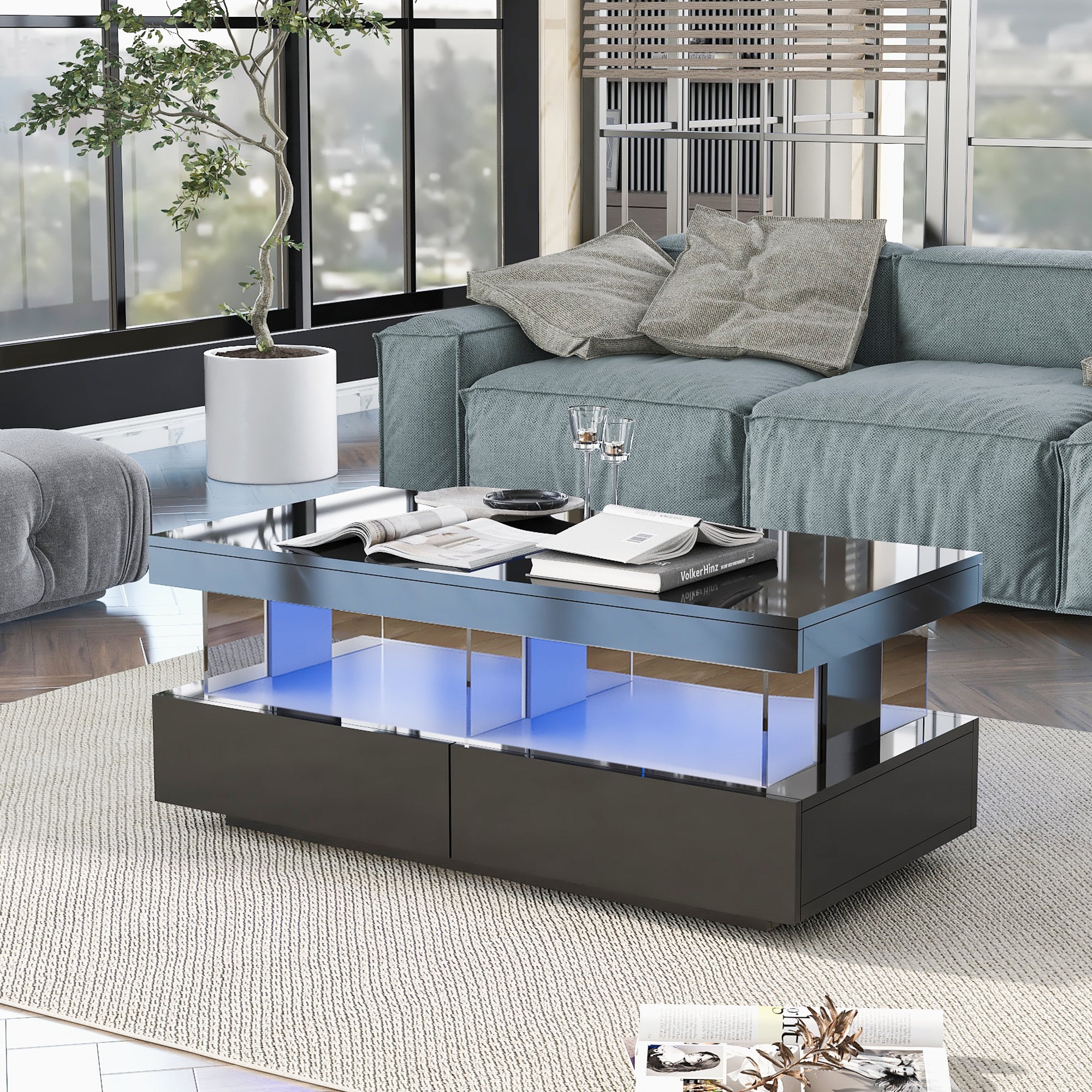 Coffee Table For Living Room, High Gloss Tea Table With LED Lights, Centre Table With 2 Drawers And Open Storage Space, End Table For Home Office Furniture, Black