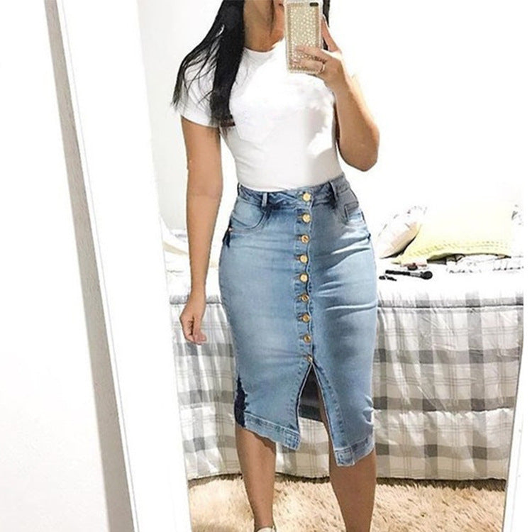 Buttoned Slim Denim Long Skirt for a Sexy Look
