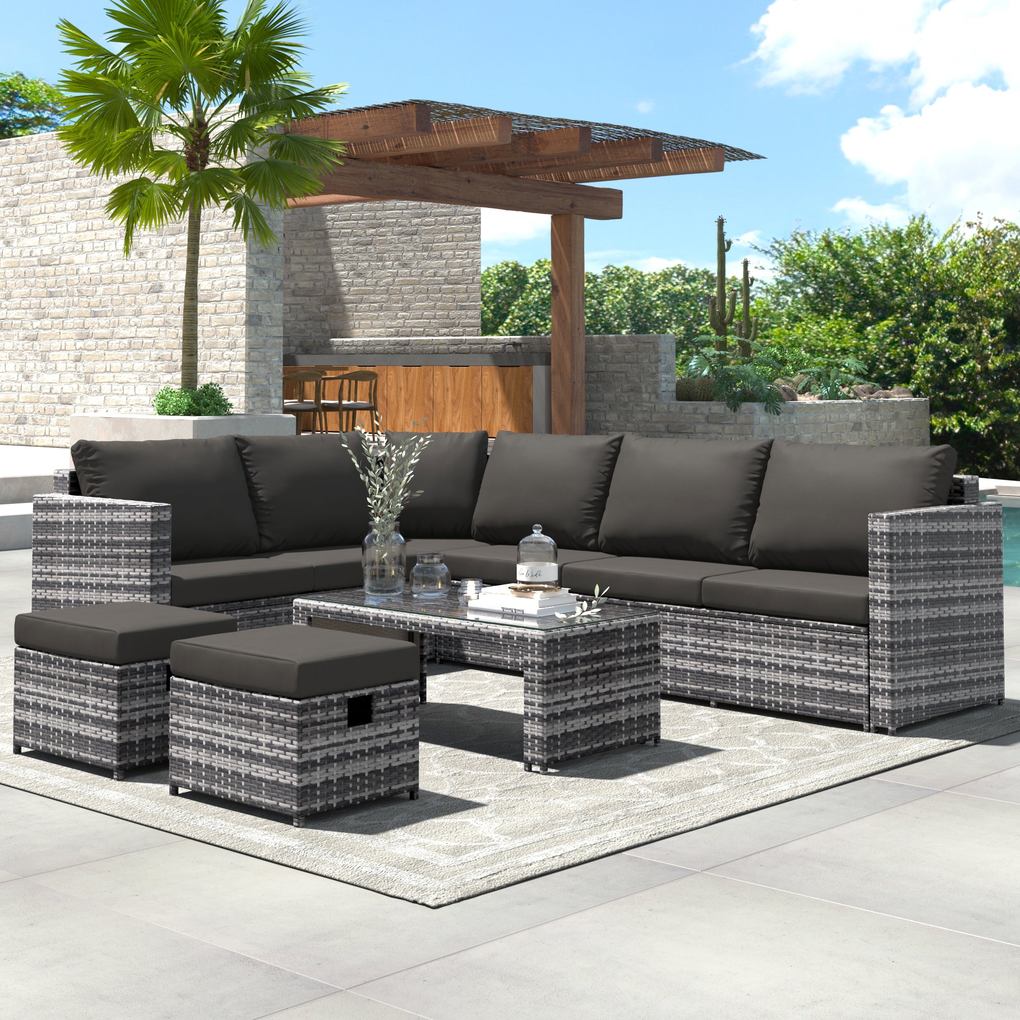 Garden Corner Sofa Set Rattan Sofa Outdoor Furniture With Coffee Table 2 Stools