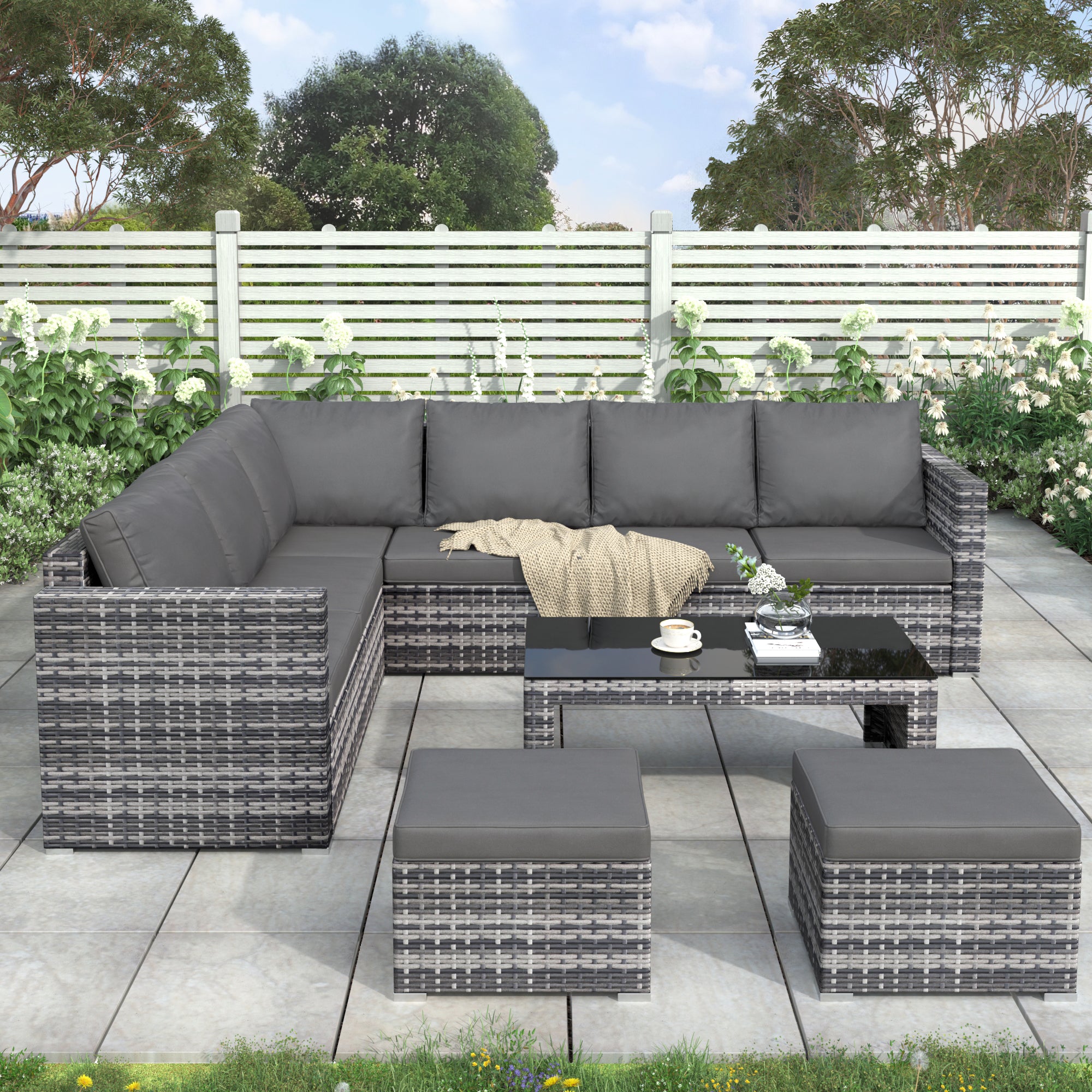 Garden Corner Sofa Set Rattan Sofa Outdoor Furniture With Coffee Table 2 Stools