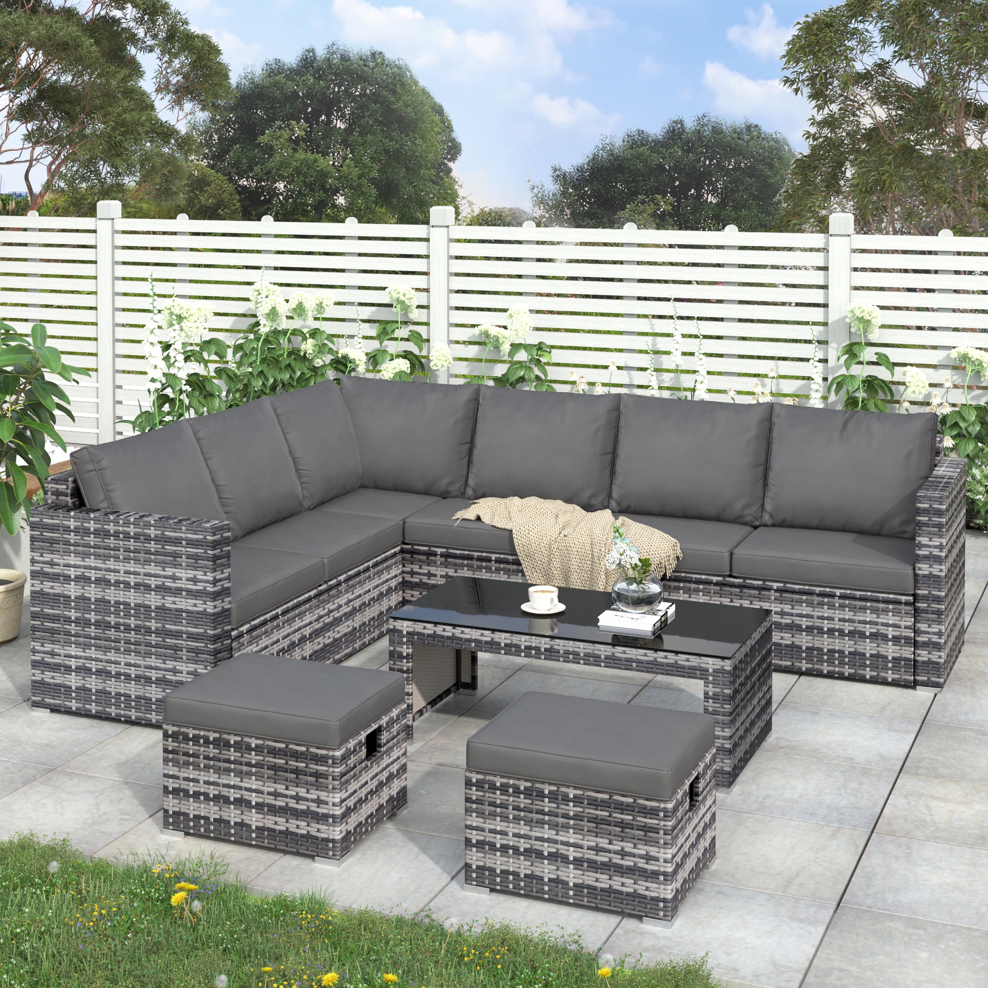 Garden Corner Sofa Set Rattan Sofa Outdoor Furniture With Coffee Table 2 Stools