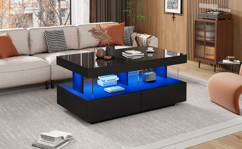 Coffee Table For Living Room, High Gloss Tea Table With LED Lights, Centre Table With 2 Drawers And Open Storage Space, End Table For Home Office Furniture, Black