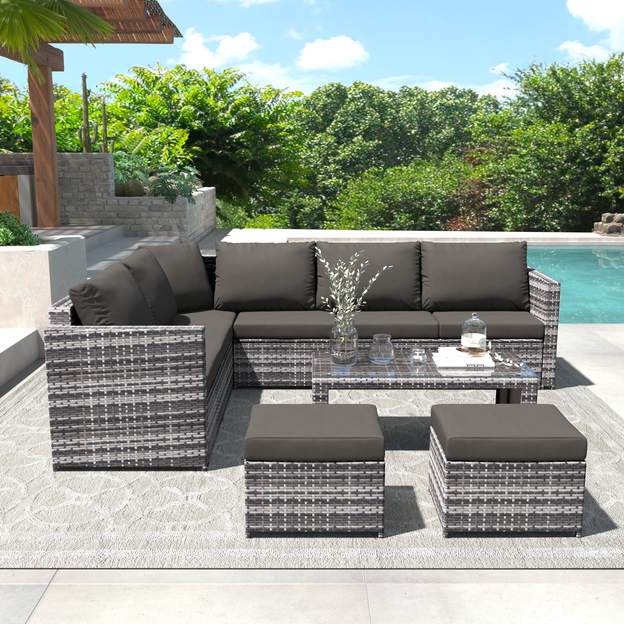 Garden Corner Sofa Set Rattan Sofa Outdoor Furniture With Coffee Table 2 Stools