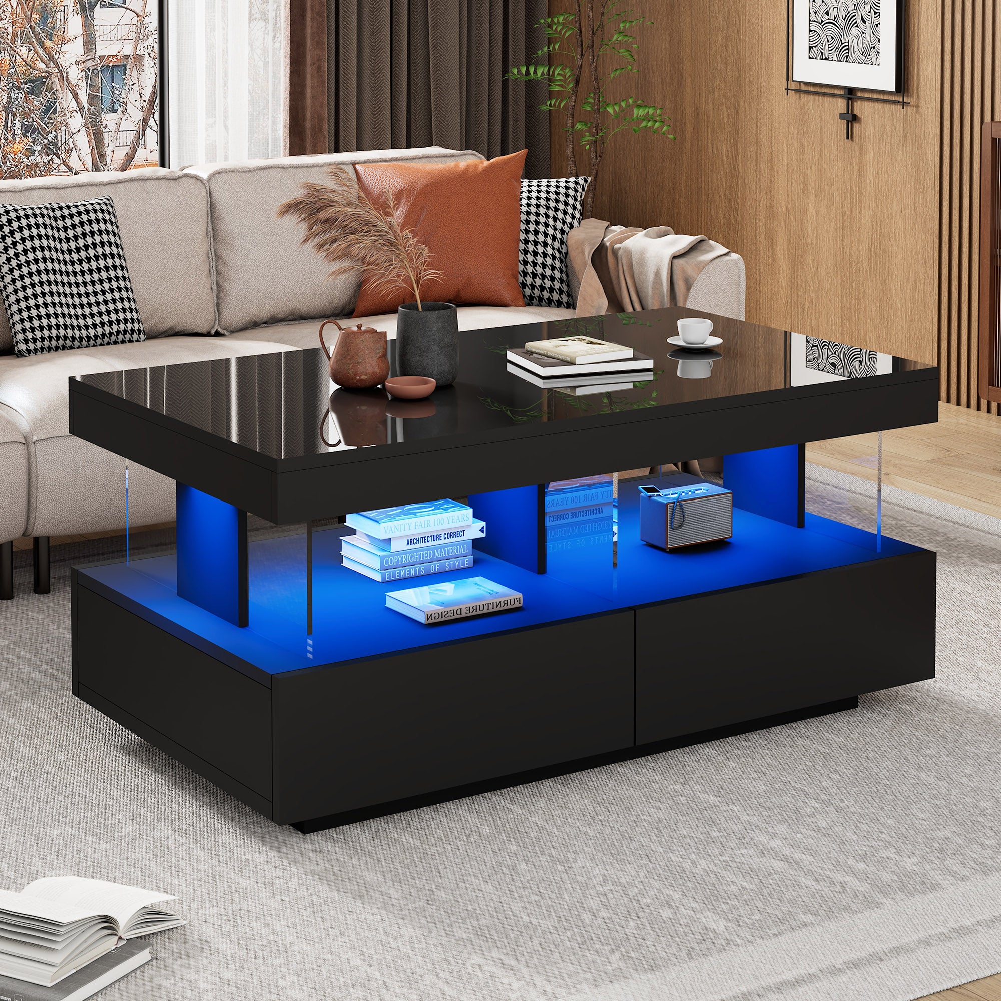 Coffee Table For Living Room, High Gloss Tea Table With LED Lights, Centre Table With 2 Drawers And Open Storage Space, End Table For Home Office Furniture, Black