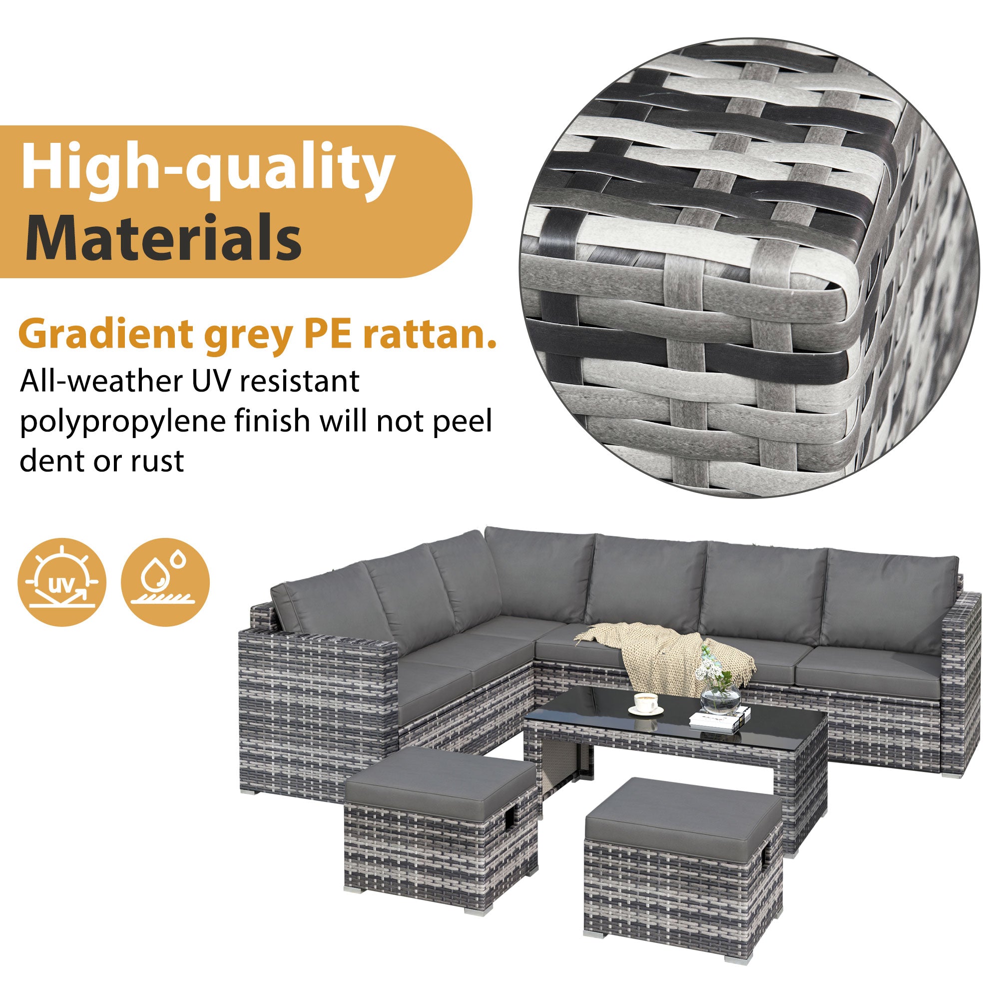 Garden Corner Sofa Set Rattan Sofa Outdoor Furniture With Coffee Table 2 Stools